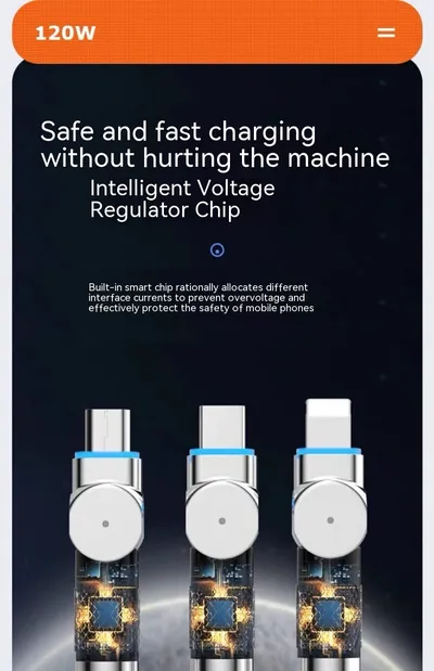 Zinc Alloy Rotating Machine Quick Charge With Light Three-in-one Data Cable