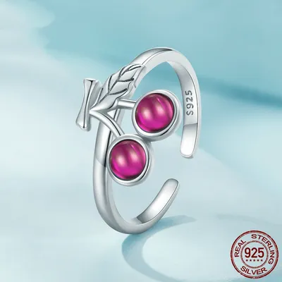 Sterling Silver Red Cherry Ring S925 White Plated Diamond