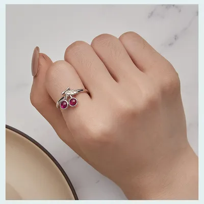 Sterling Silver Red Cherry Ring S925 White Plated Diamond