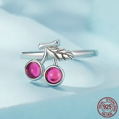 Sterling Silver Red Cherry Ring S925 White Plated Diamond