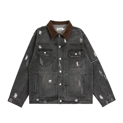 Ripped Distressed Denim Clothes Jacket Men's American Retro Design Sleeve Zipper Splicing Coat