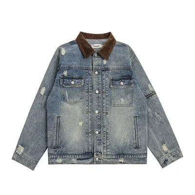 Ripped Distressed Denim Clothes Jacket Men's American Retro Design Sleeve Zipper Splicing Coat