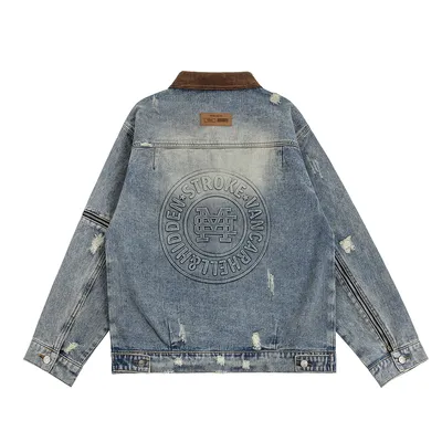 Ripped Distressed Denim Clothes Jacket Men's American Retro Design Sleeve Zipper Splicing Coat