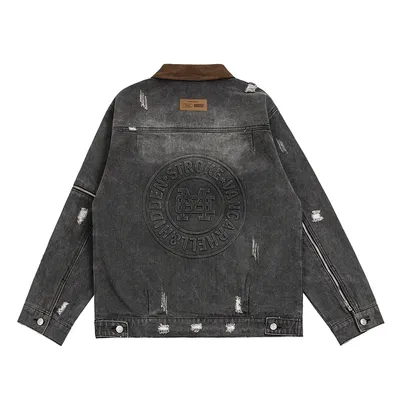Ripped Distressed Denim Clothes Jacket Men's American Retro Design Sleeve Zipper Splicing Coat