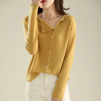 French Style Retro Crew Neck Single-breasted Cashmere Knitted Cardigan Women's Autumn Thin Casual Versatile Slimming Outer Tops