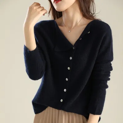 French Style Retro Crew Neck Single-breasted Cashmere Knitted Cardigan Women's Autumn Thin Casual Versatile Slimming Outer Tops