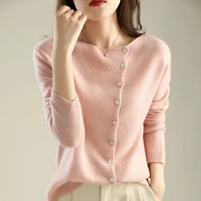 French Style Retro Crew Neck Single-breasted Cashmere Knitted Cardigan Women's Autumn Thin Casual Versatile Slimming Outer Tops