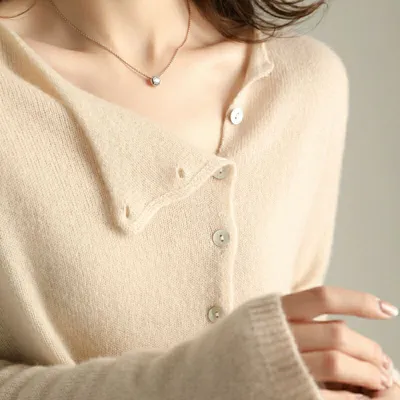 French Style Retro Crew Neck Single-breasted Cashmere Knitted Cardigan Women's Autumn Thin Casual Versatile Slimming Outer Tops
