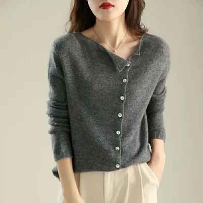 French Style Retro Crew Neck Single-breasted Cashmere Knitted Cardigan Women's Autumn Thin Casual Versatile Slimming Outer Tops
