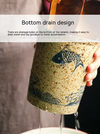 Japanese Style Hand Drawn Ceramic Chopsticks Holder Commercial Household Draining Chopsticks Shelf Boxes Cutlery Tray Kitchen Storage