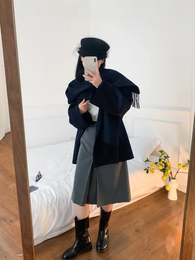Casual Style Tassel Scarf Collar Wool Blended Double Sided Cotton Coat