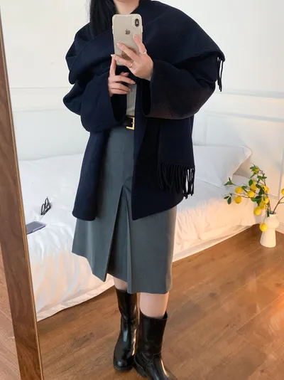 Casual Style Tassel Scarf Collar Wool Blended Double Sided Cotton Coat
