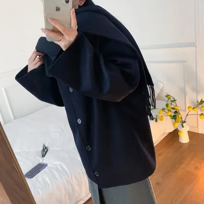 Casual Style Tassel Scarf Collar Wool Blended Double Sided Cotton Coat