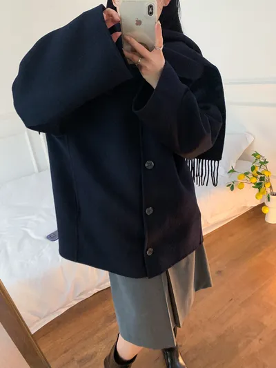 Casual Style Tassel Scarf Collar Wool Blended Double Sided Cotton Coat