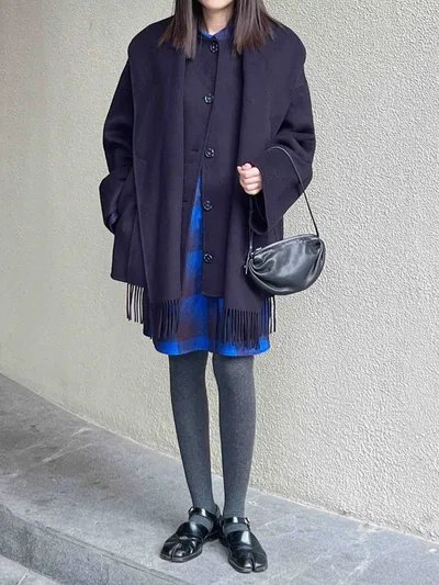Casual Style Tassel Scarf Collar Wool Blended Double Sided Cotton Coat