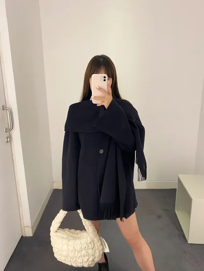 Casual Style Tassel Scarf Collar Wool Blended Double Sided Cotton Coat
