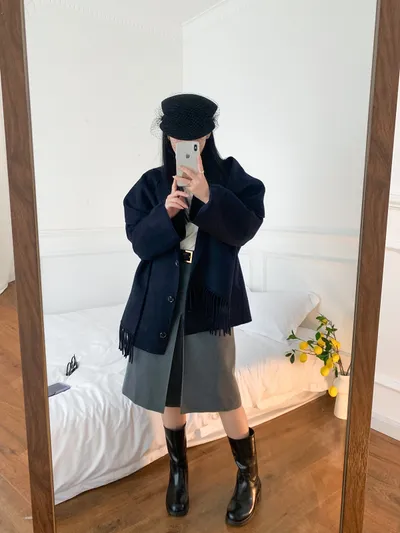 Casual Style Tassel Scarf Collar Wool Blended Double Sided Cotton Coat
