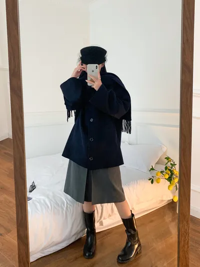 Casual Style Tassel Scarf Collar Wool Blended Double Sided Cotton Coat