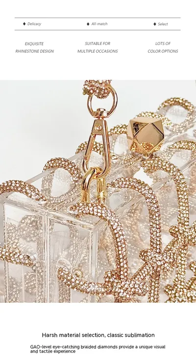 French Sweet Shiny Rhinestone Banquet Small Square Bag