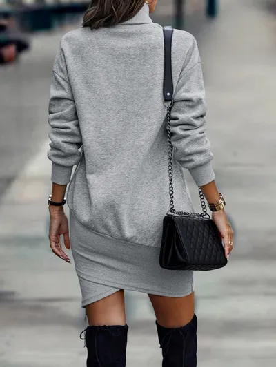 Long Sleeve Dress Solid Color High Neck Cross Short Dress Womens Clothing