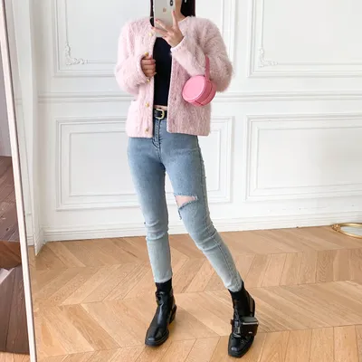 Knitted Cardigan Mohair Sweater Long Sleeve Coat