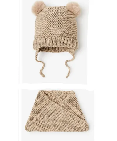 Fake Fur Ball Decorative Baby Knitted Wool Hat Knitted Scarf Two-piece Set