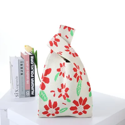 Contrast Color Striped Checkerboard Knitted Shopping Handbag
