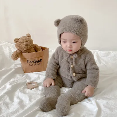 Baby Jumpsuit Mink Fur Little Bear Pattern Bag Feet Romper Outing Jumpsuit