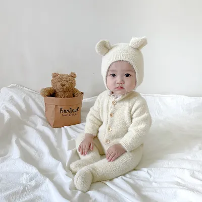 Baby Jumpsuit Mink Fur Little Bear Pattern Bag Feet Romper Outing Jumpsuit