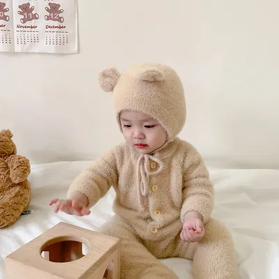 Baby Jumpsuit Mink Fur Little Bear Pattern Bag Feet Romper Outing Jumpsuit