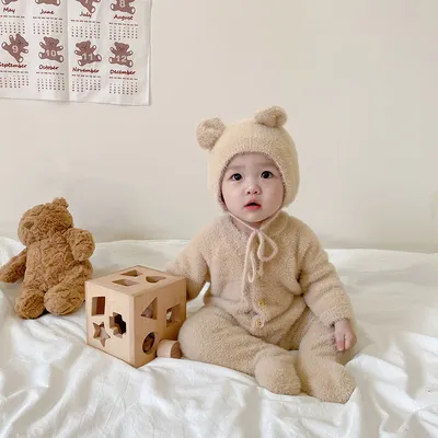 Baby Jumpsuit Mink Fur Little Bear Pattern Bag Feet Romper Outing Jumpsuit