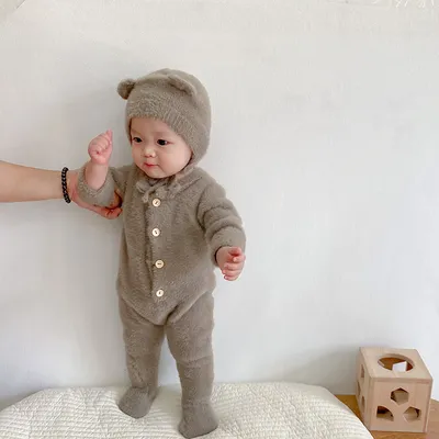 Baby Jumpsuit Mink Fur Little Bear Pattern Bag Feet Romper Outing Jumpsuit