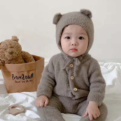 Baby Jumpsuit Mink Fur Little Bear Pattern Bag Feet Romper Outing Jumpsuit