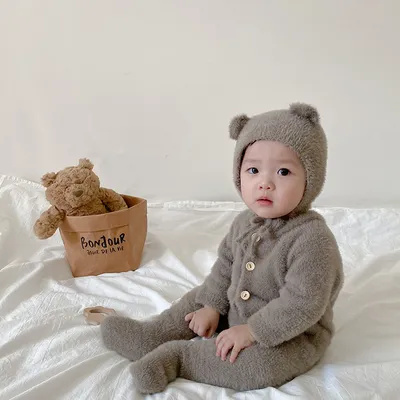 Baby Jumpsuit Mink Fur Little Bear Pattern Bag Feet Romper Outing Jumpsuit