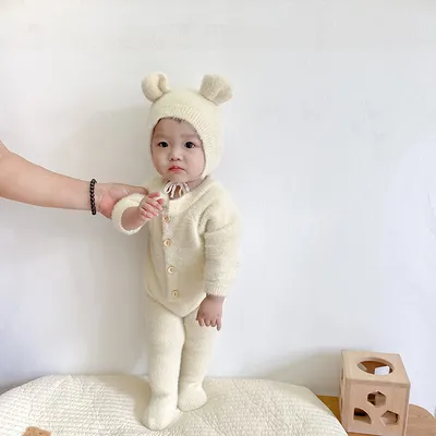 Baby Jumpsuit Mink Fur Little Bear Pattern Bag Feet Romper Outing Jumpsuit