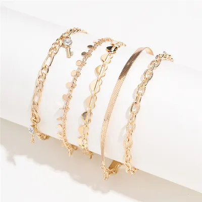 5 Pcs Women Fashion Gold Color Heart Crystal Key Anklets For Women Trendy Snake Chain Anklets For Women Foot Jewelry Gifts