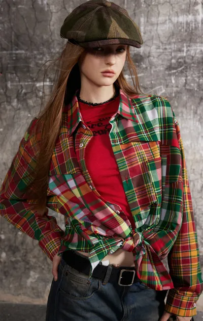 Irregular Spliced Plaid Blouse Men