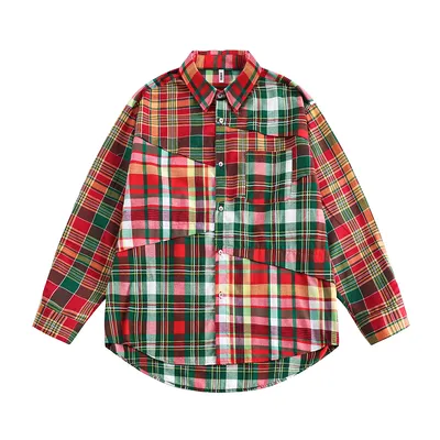 Irregular Spliced Plaid Blouse Men