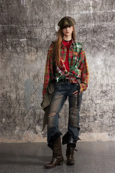 Irregular Spliced Plaid Blouse Men