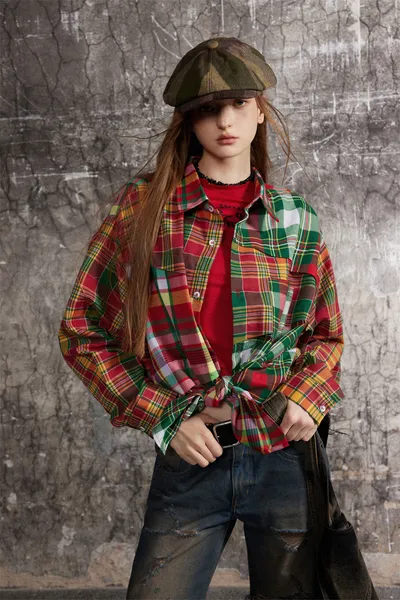 Irregular Spliced Plaid Blouse Men