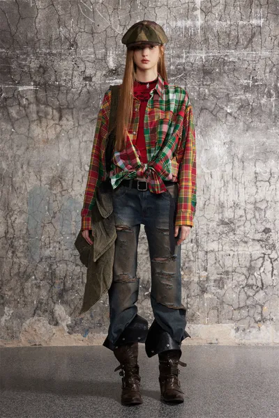 Irregular Spliced Plaid Blouse Men