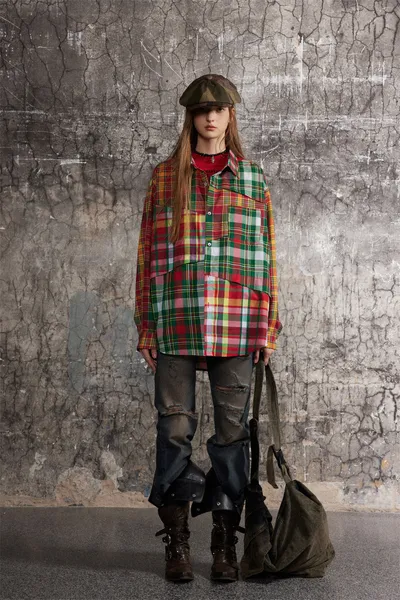 Irregular Spliced Plaid Blouse Men