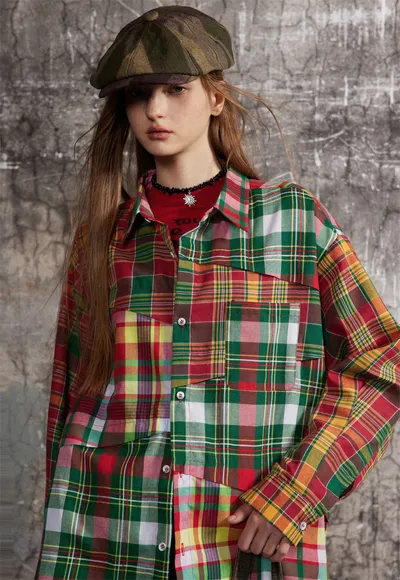 Irregular Spliced Plaid Blouse Men