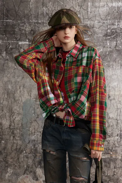 Irregular Spliced Plaid Blouse Men