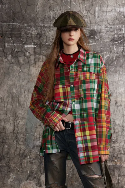 Irregular Spliced Plaid Blouse Men