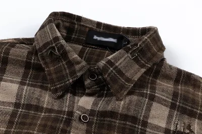 Plaid Long Sleeve Shirt Men Punk Trendy Hole & Patch
