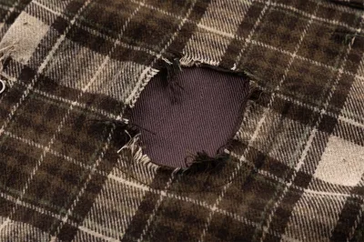 Plaid Long Sleeve Shirt Men Punk Trendy Hole & Patch