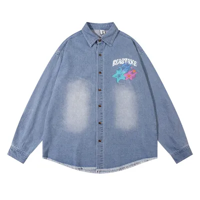 Design Five-pointed Star Graffiti Printing Denim Shirt