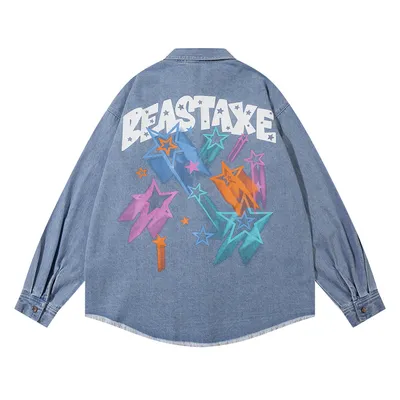 Design Five-pointed Star Graffiti Printing Denim Shirt
