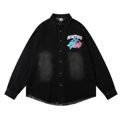 Design Five-pointed Star Graffiti Printing Denim Shirt